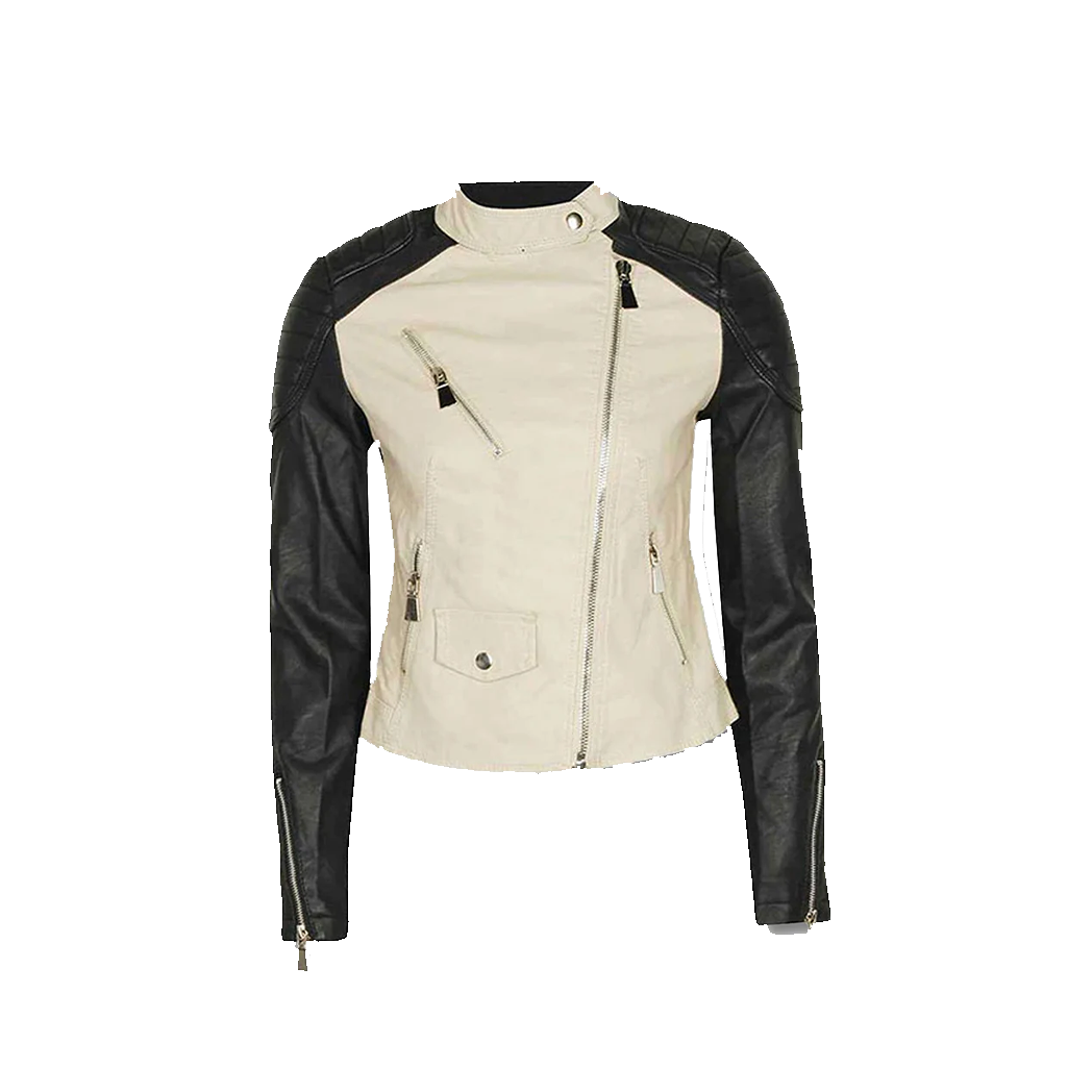Women’s Black and White Asymmetrical Biker Leather Jacket
