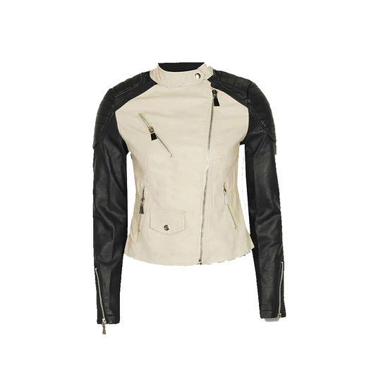 Women’s Black and White Asymmetrical Biker Leather Jacket