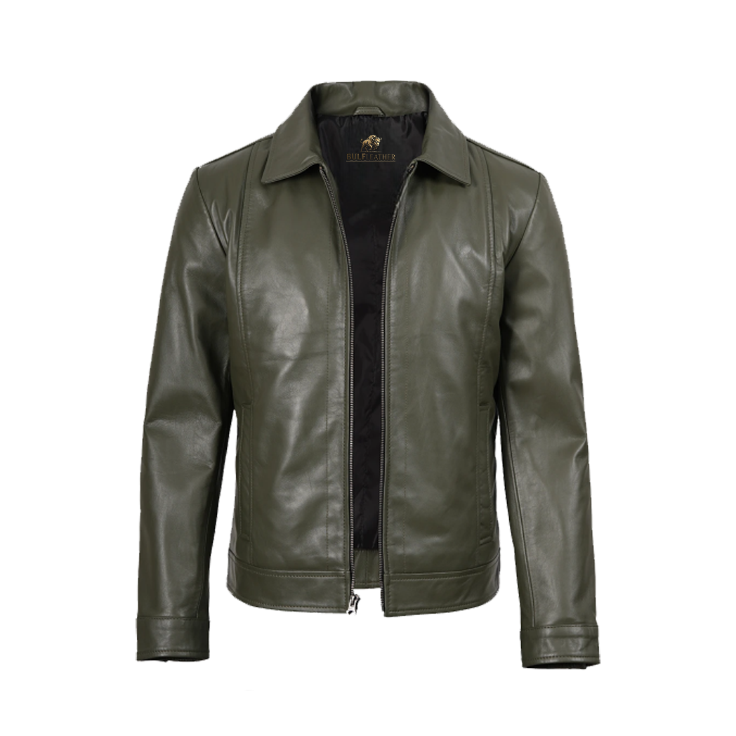 Men’s Classic Shirt Collar Olive Green Leather Jacket