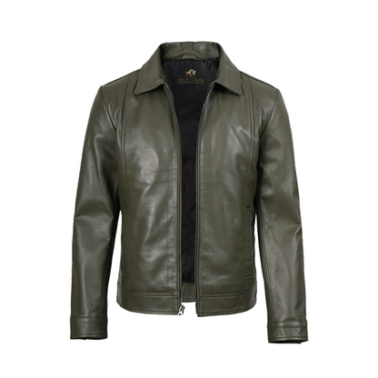 Men’s Classic Shirt Collar Olive Green Leather Jacket