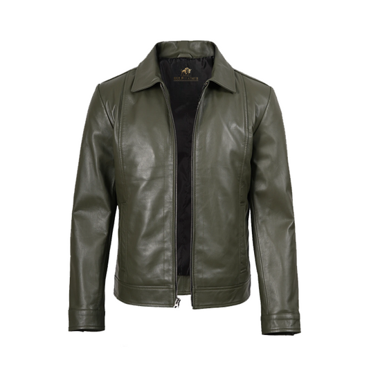 Men’s Classic Shirt Collar Olive Green Leather Jacket