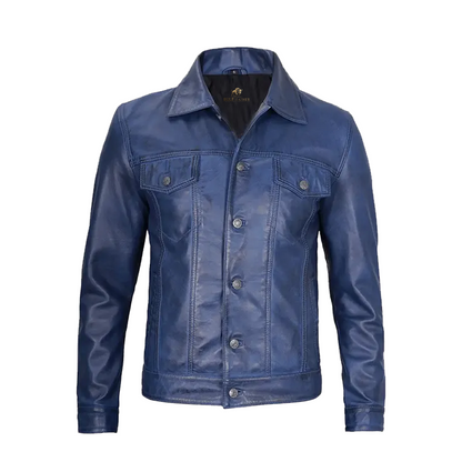 Men’s Blue Leather Trucker Jacket