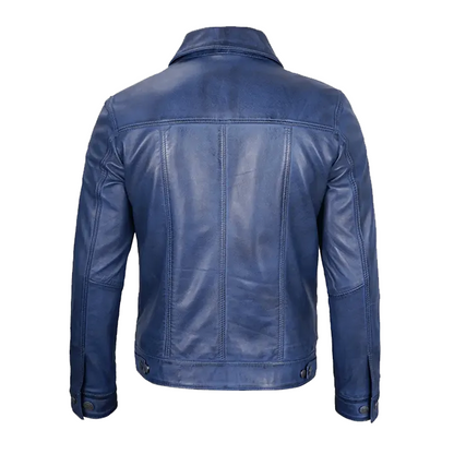 Men’s Blue Leather Trucker Jacket