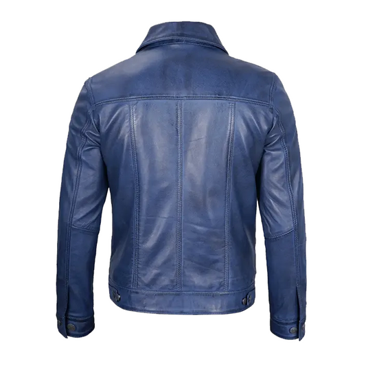 Men’s Blue Leather Trucker Jacket