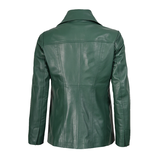 Womens Three Button Green Leather Blazer