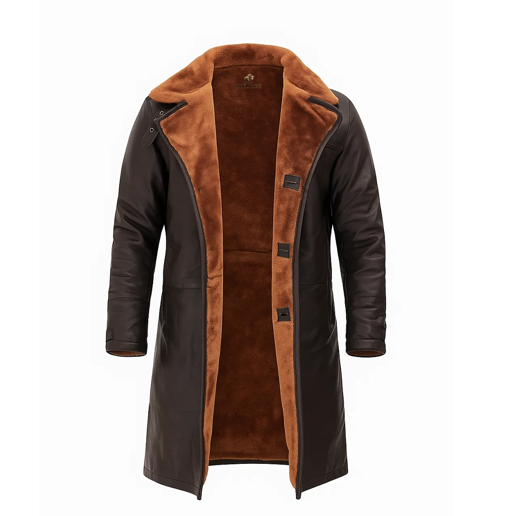 Mens 3/4 Length Dark Brown Leather Shearling Coat