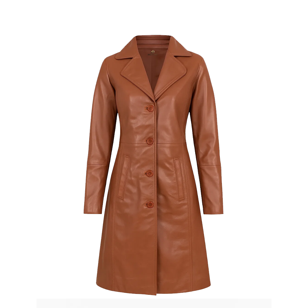 Womens Brown Single Breasted Leather Coat
