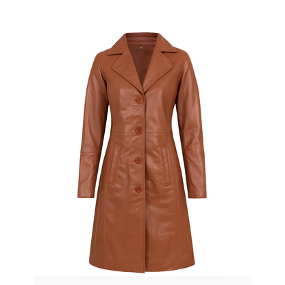 Womens Brown Single Breasted Leather Coat