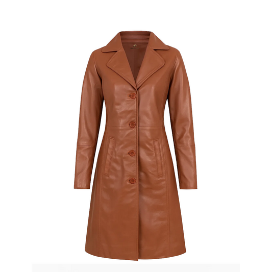 Womens Brown Single Breasted Leather Coat