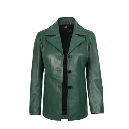 Womens Three Button Green Leather Blazer