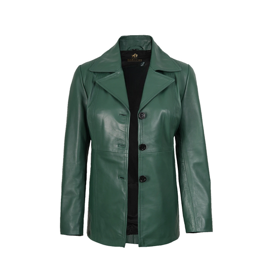 Womens Three Button Green Leather Blazer
