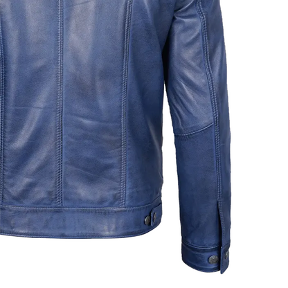 Men’s Blue Leather Trucker Jacket