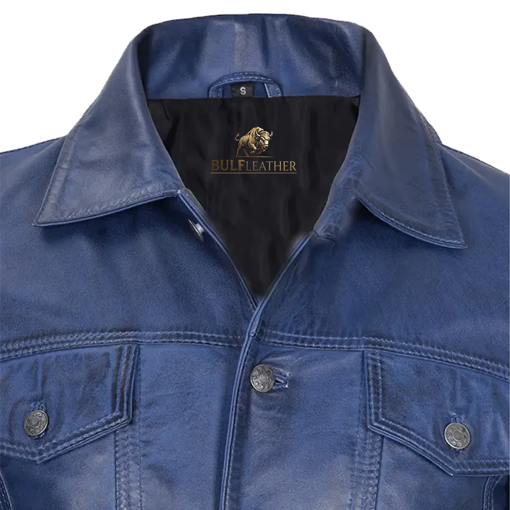Men’s Blue Leather Trucker Jacket