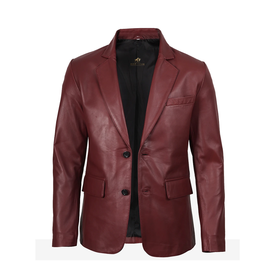 Men’s Notch Lapel Maroon Leather Blazer