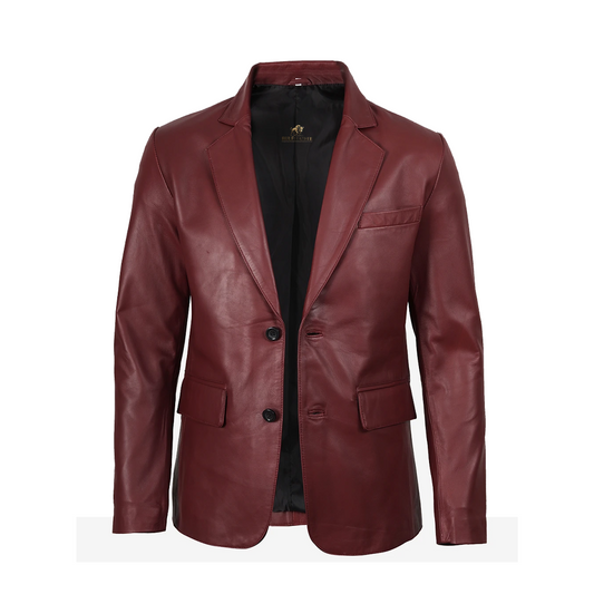Men’s Notch Lapel Maroon Leather Blazer