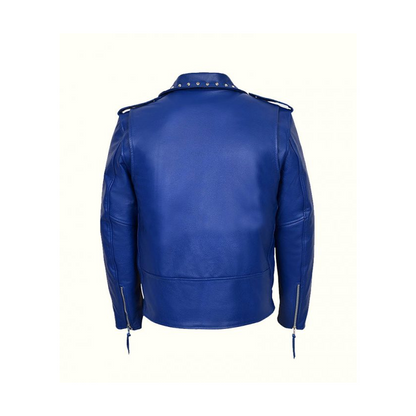 Blue Studded Motorcycle Leather Jacket