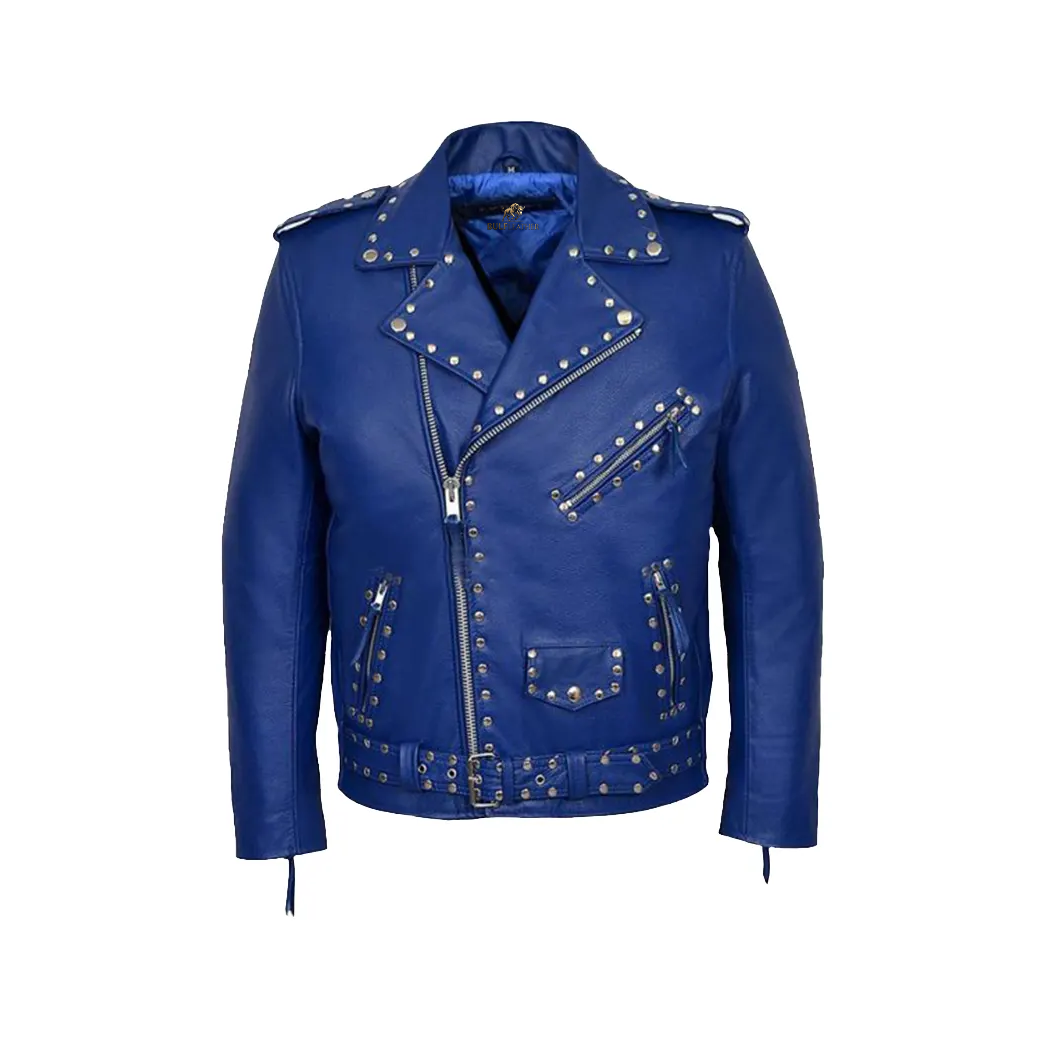 Blue Studded Motorcycle Leather Jacket