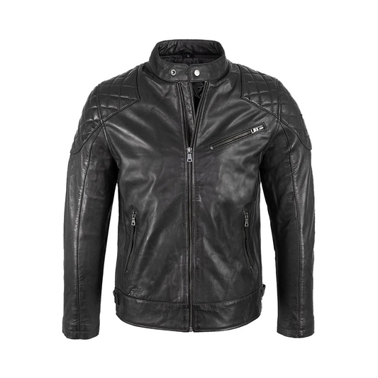 Mens Padded Black Cafe Racer Leather Jacket