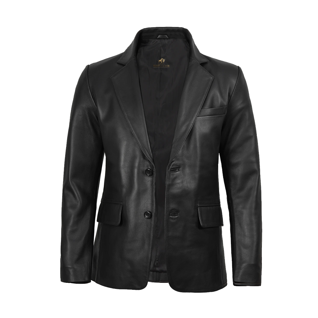 Mens Notch Lapel Black Leather Blazer