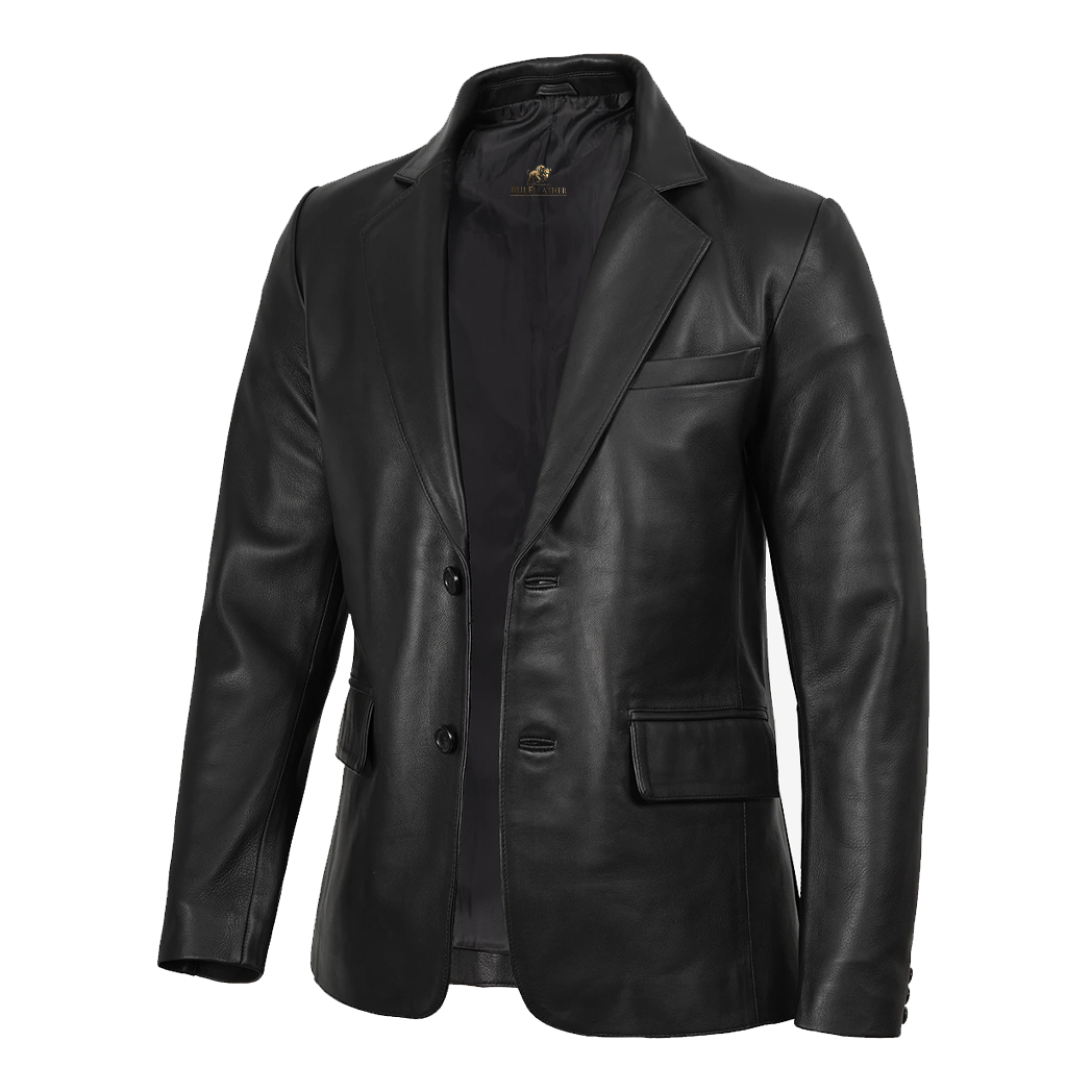 Mens Notch Lapel Black Leather Blazer