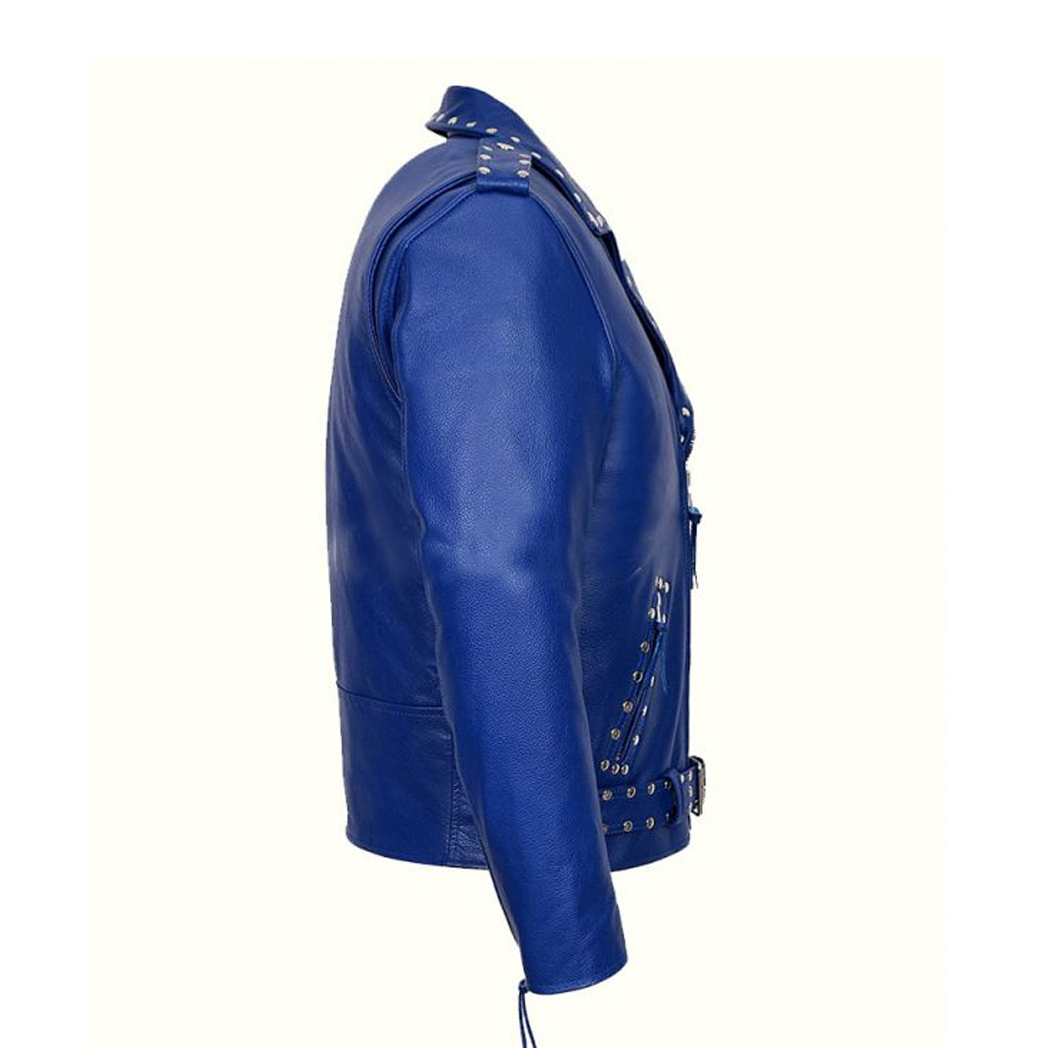 Blue Studded Motorcycle Leather Jacket