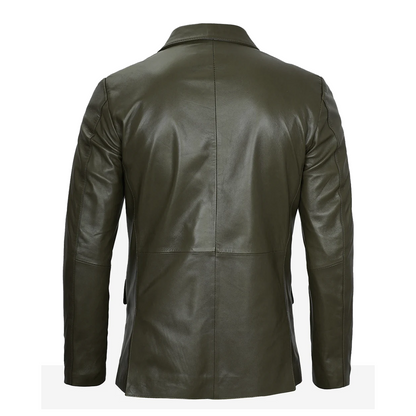 Mens Olive Green Two Button Leather Blazer