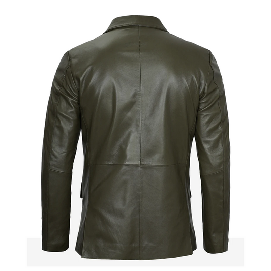 Mens Olive Green Two Button Leather Blazer