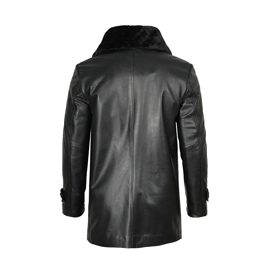 Men’s Black Real Leather Coat With Fur Collar