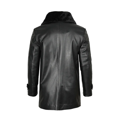 Men’s Black Real Leather Coat With Fur Collar