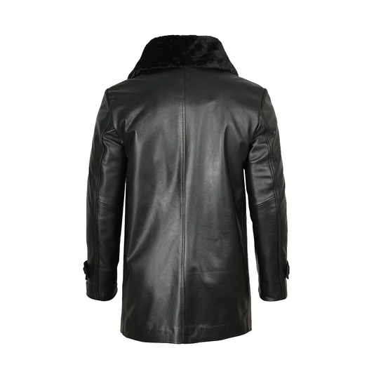 Men’s Black Real Leather Coat With Fur Collar