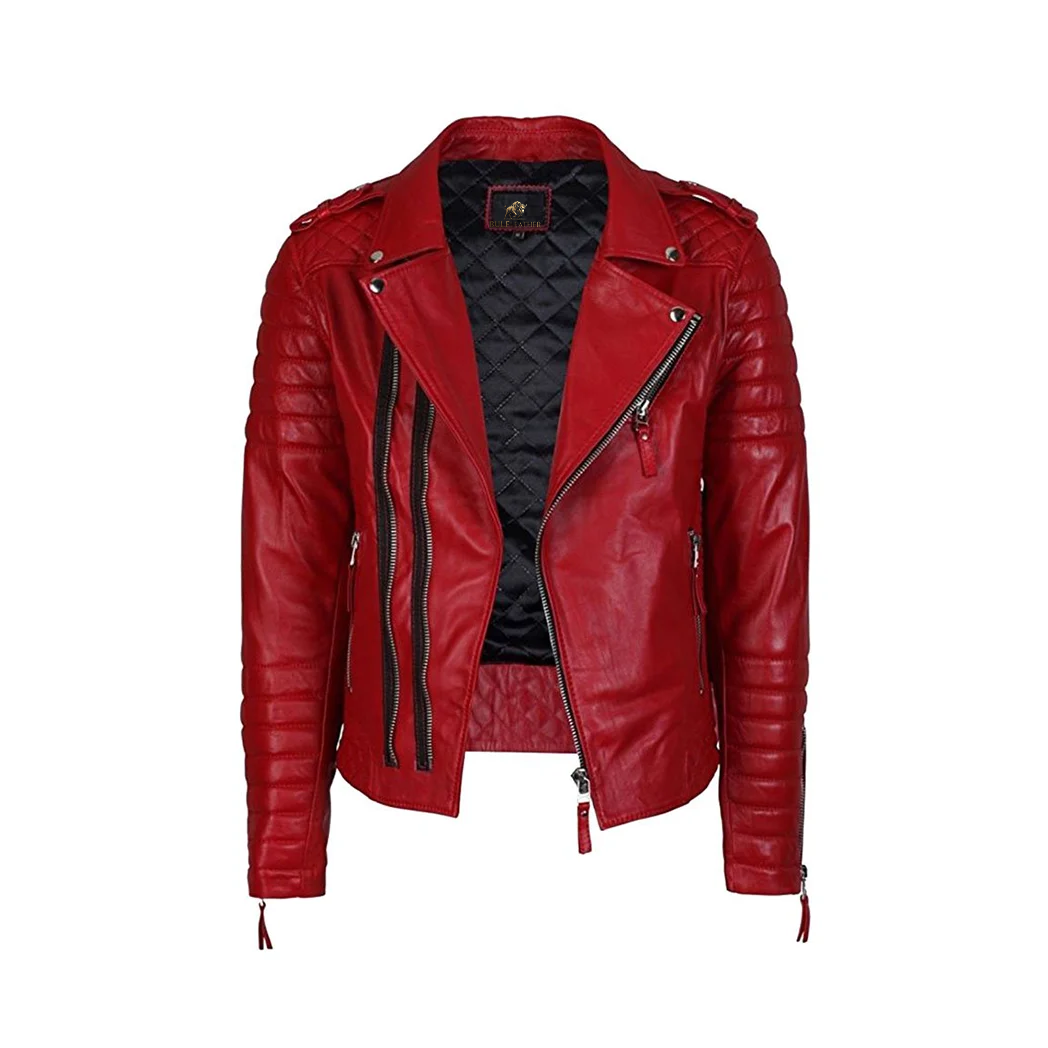 Mens Lambskin Motorcycle Red Leather Jacket