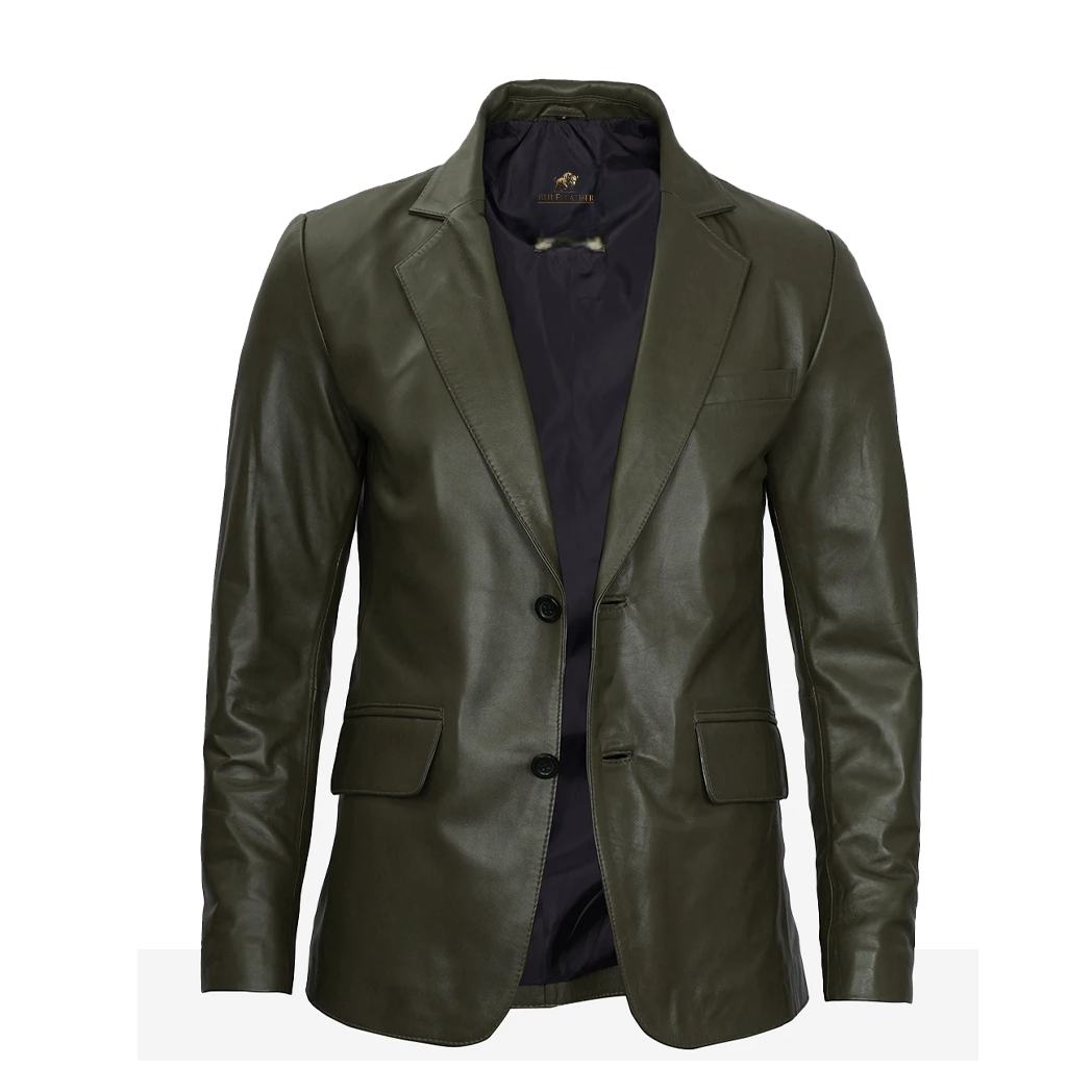 Mens Olive Green Two Button Leather Blazer