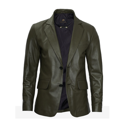 Mens Olive Green Two Button Leather Blazer