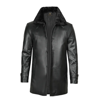 Men’s Black Real Leather Coat With Fur Collar