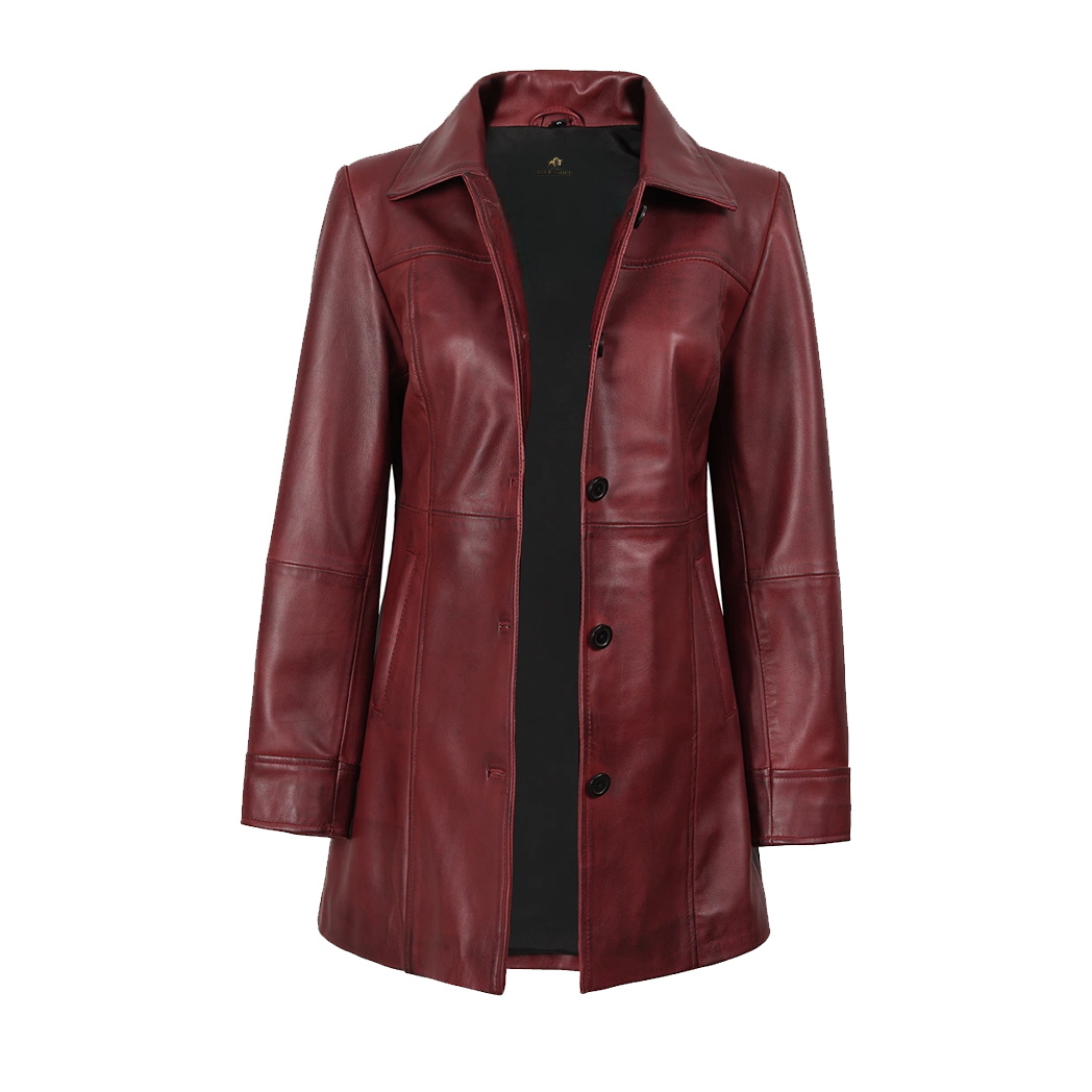 Womens Button Down Burgundy Leather Car Coat
