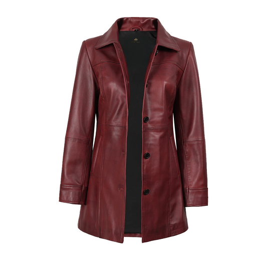 Womens Button Down Burgundy Leather Car Coat