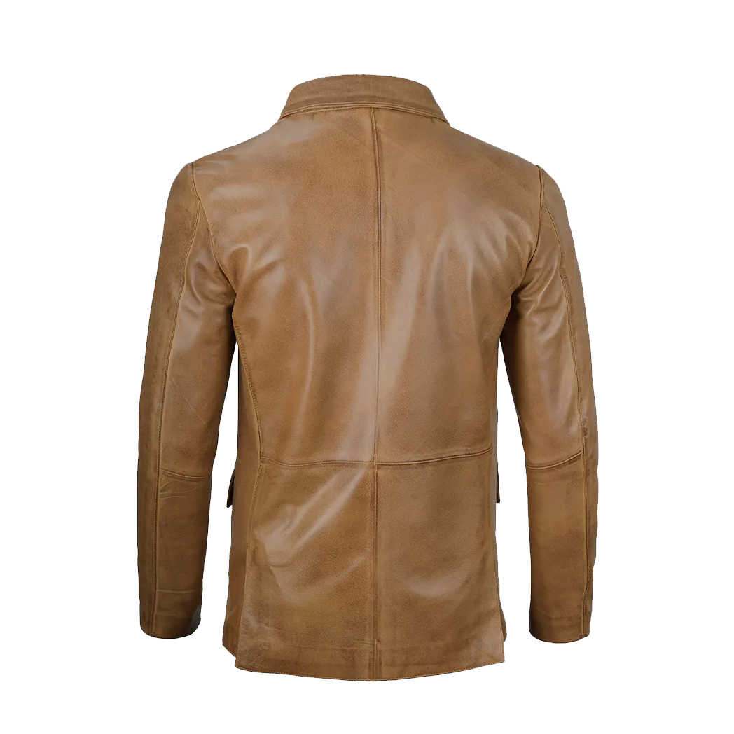 Mens Two Button Camel Brown Leather Blazer