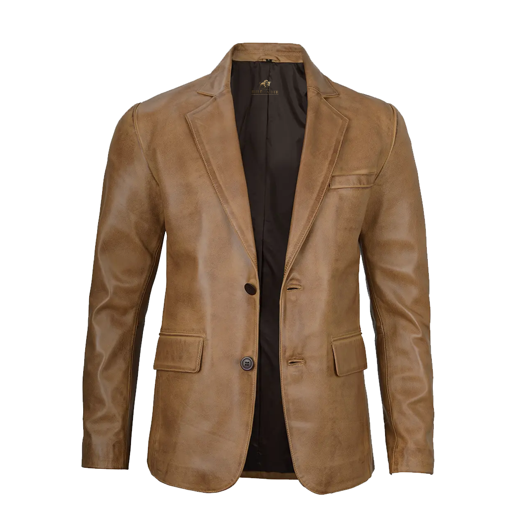 Mens Two Button Camel Brown Leather Blazer