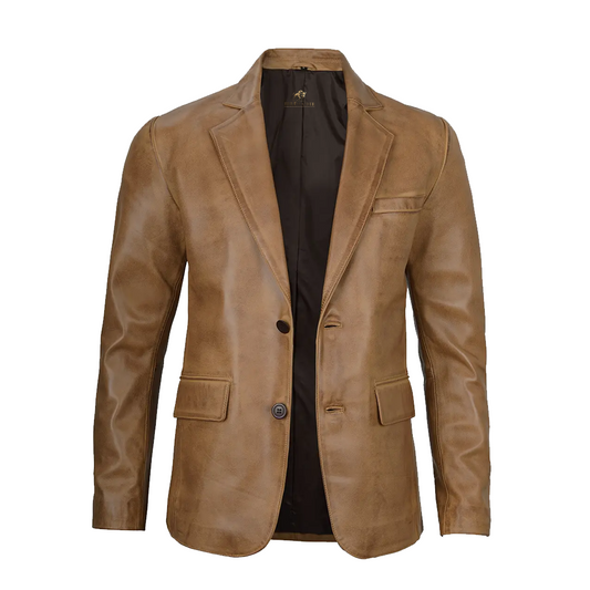Mens Two Button Camel Brown Leather Blazer