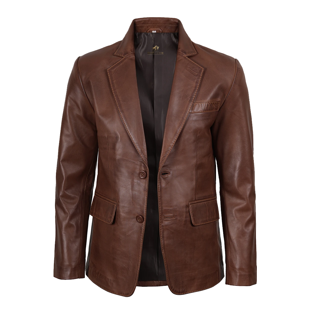 Mens Two Button Waxed Brown Leather Blazer
