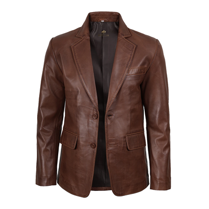 Mens Two Button Waxed Brown Leather Blazer