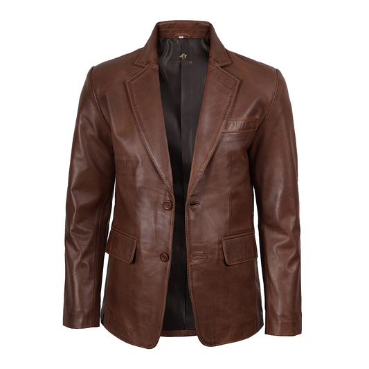 Mens Two Button Waxed Brown Leather Blazer
