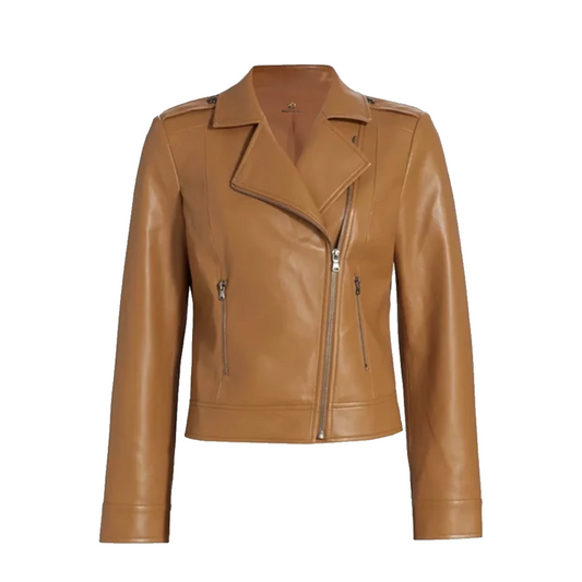 Women Moto Faux Brown Leather Jacket