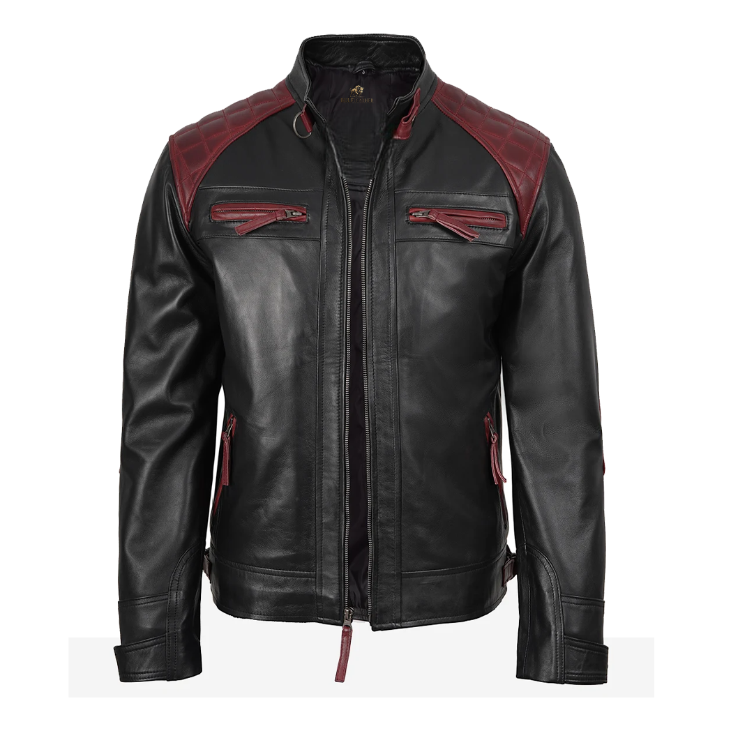 Men’s Black and Maroon Biker Style Leather Jacket