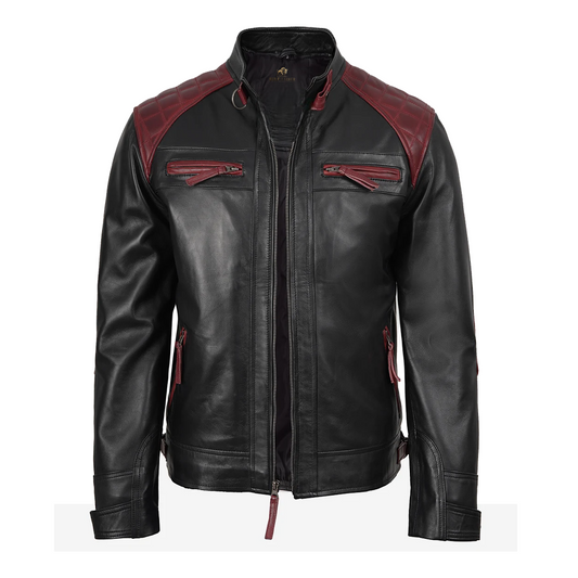 Men’s Black and Maroon Biker Style Leather Jacket