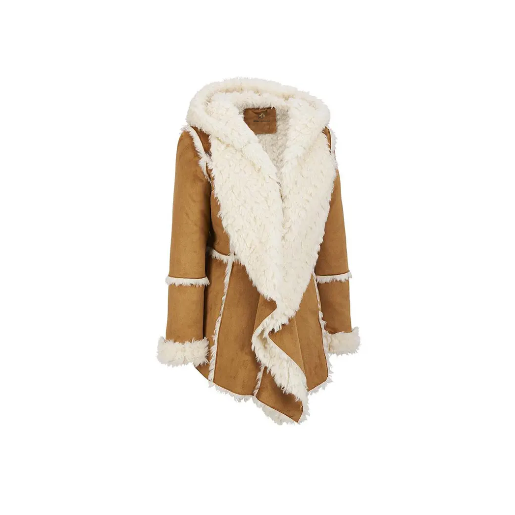 Womens Brown Fur Suede Overcoat With Hood