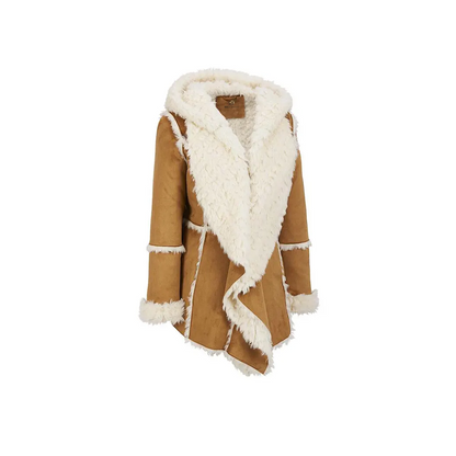Womens Brown Fur Suede Overcoat With Hood