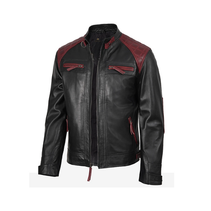 Men’s Black and Maroon Biker Style Leather Jacket