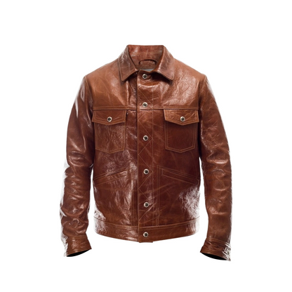 Men Brown Leather Trucker Jacket