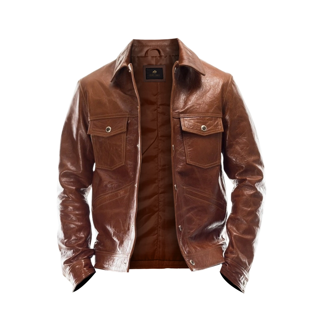 Men Brown Leather Trucker Jacket